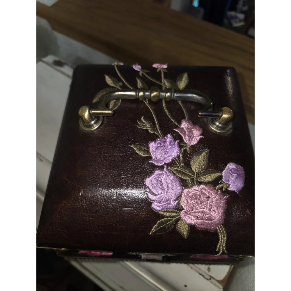 Brown Faux Leather Floral Decorative Box with Embroidered Flowers